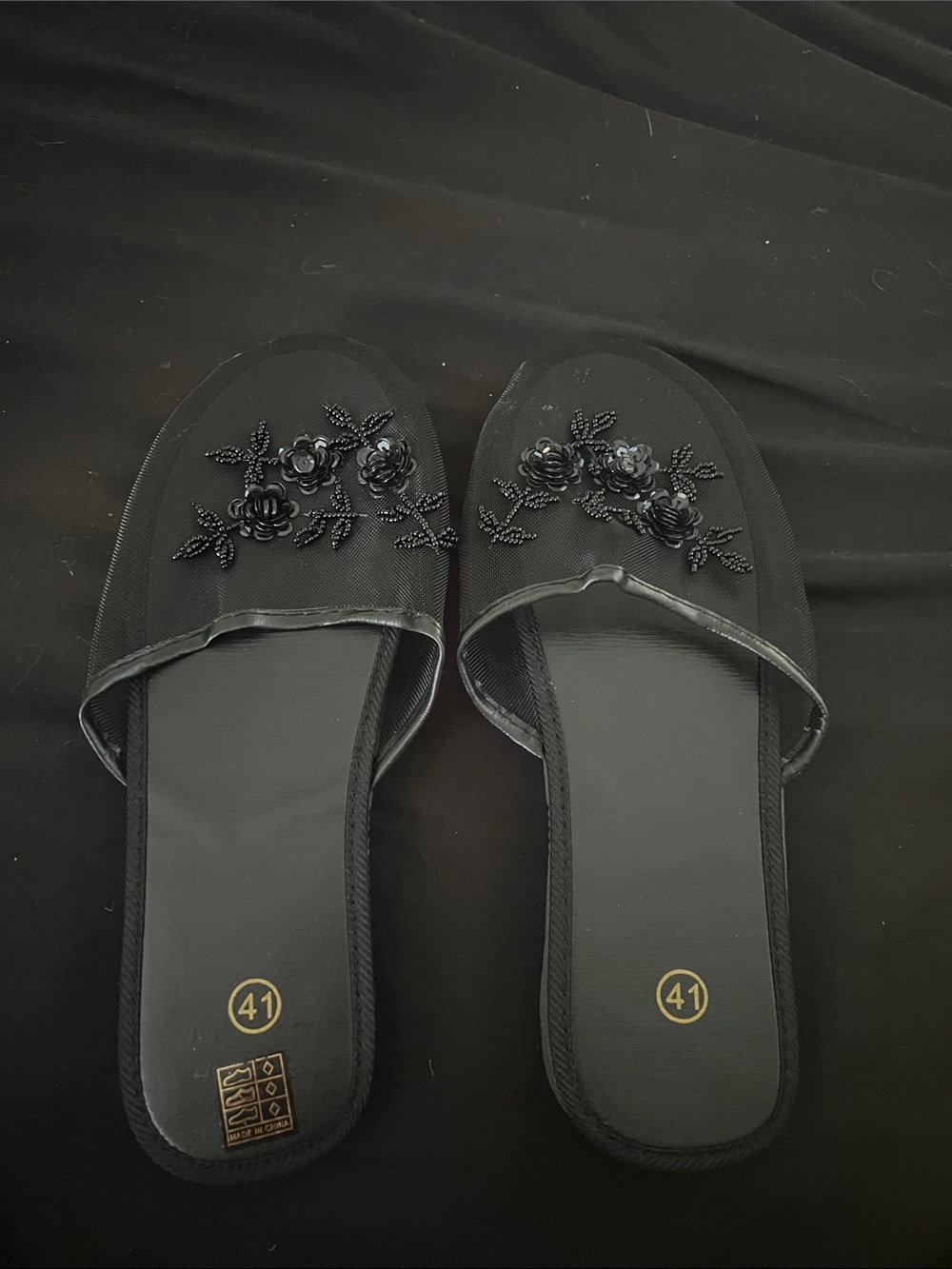 SHEIN Black Floral Beaded Slide Mules
